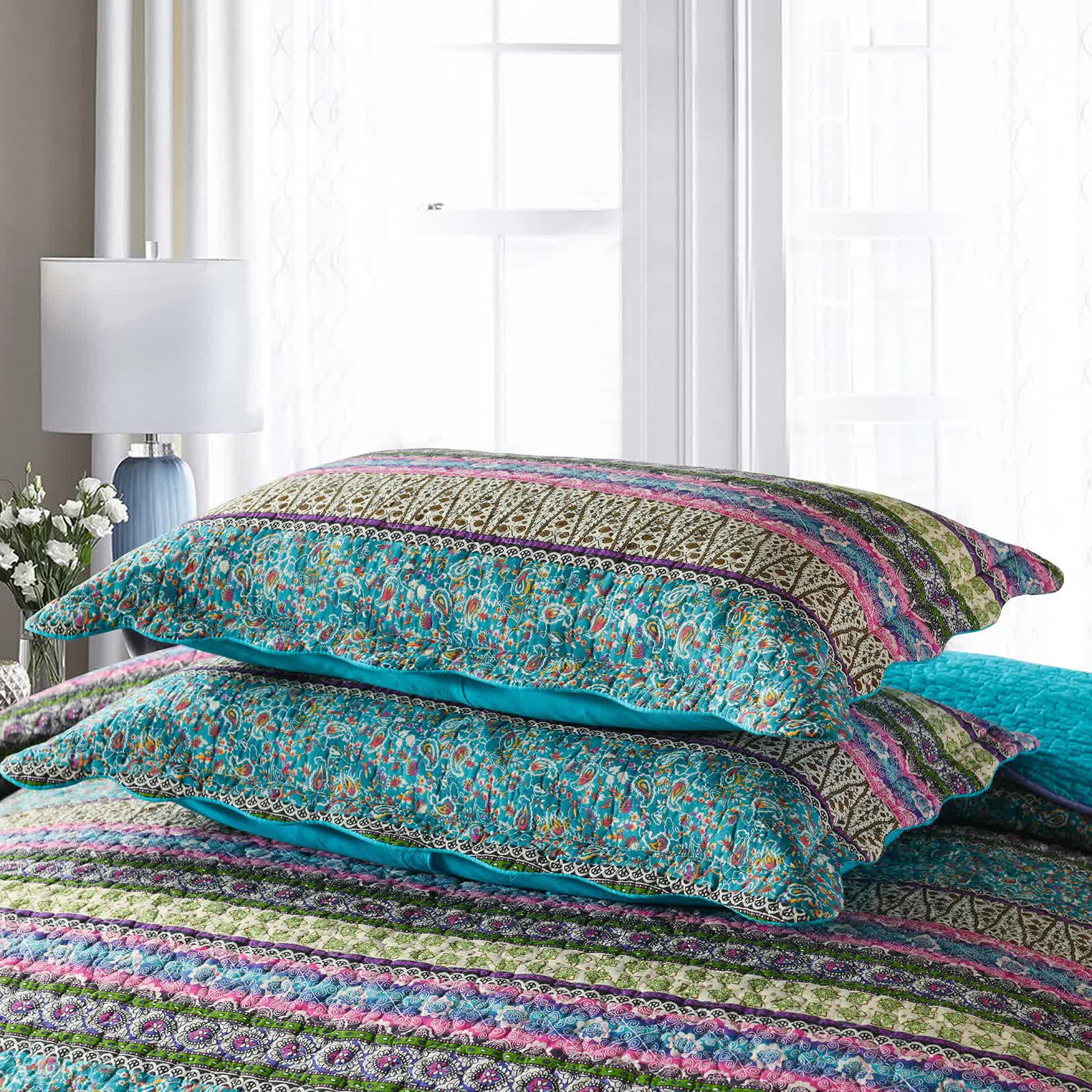 Grenn Teal Boho style Printed Bedspread Quilt Set + Pillowcases 6