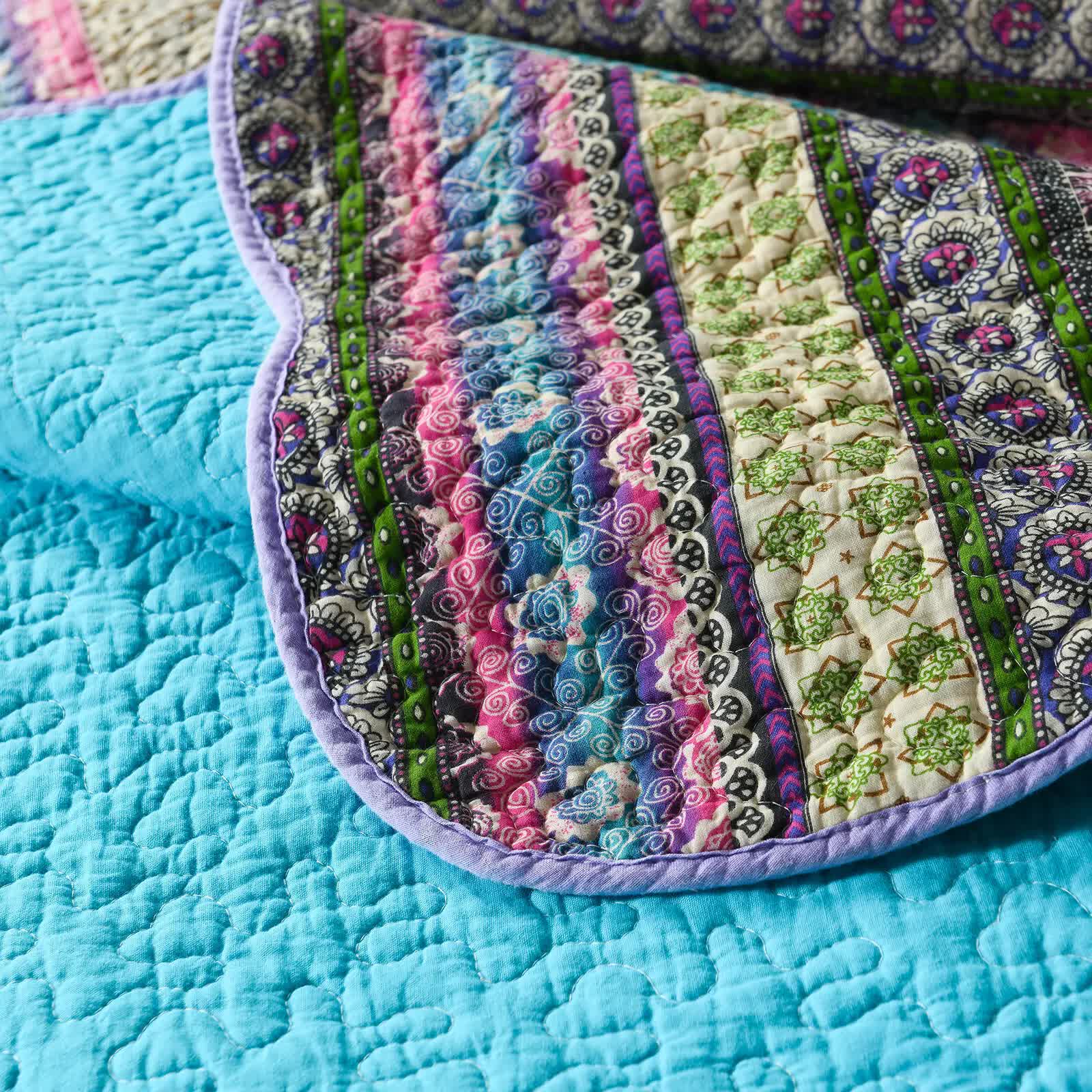 Grenn Teal Boho style Printed Bedspread Quilt Set + Pillowcases 7