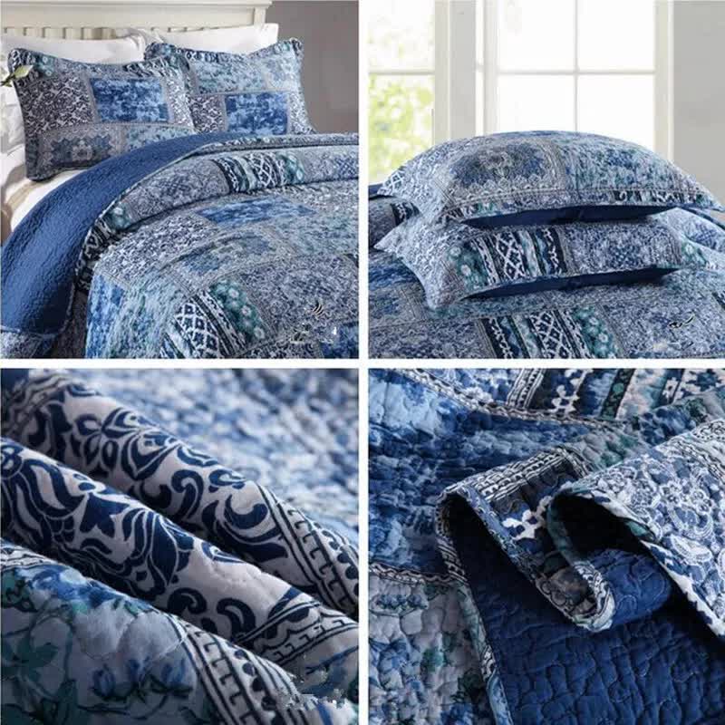 Boho Blue Quilted Coverlet & Pillow Set: Vibrant, Cozy Elegance - king 3