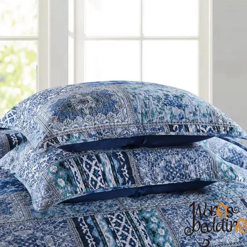 Boho Blue Quilted Coverlet & Pillow Set: Vibrant, Cozy Elegance - king 4