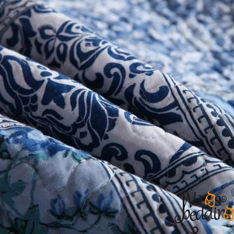 Boho Blue Quilted Coverlet & Pillow Set: Vibrant, Cozy Elegance - king 5