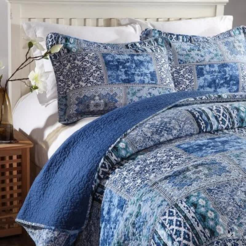 Boho Blue Quilted Coverlet & Pillow Set: Vibrant, Cozy Elegance - king 6
