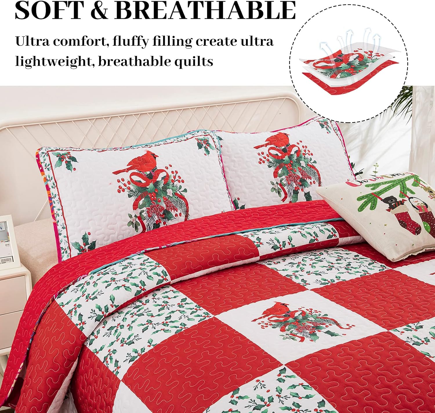 Elegant Red, greem & White Christmas Queen Bedspread Set 3