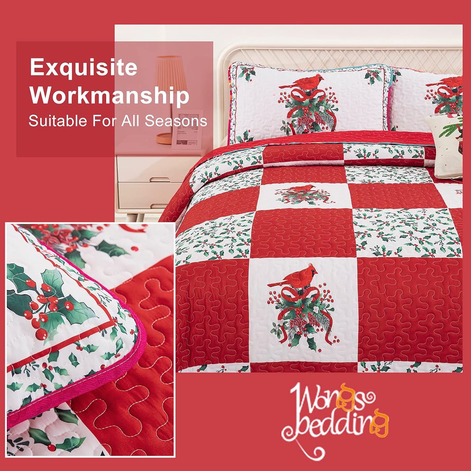 Elegant Red, greem & White Christmas Queen Bedspread Set 4