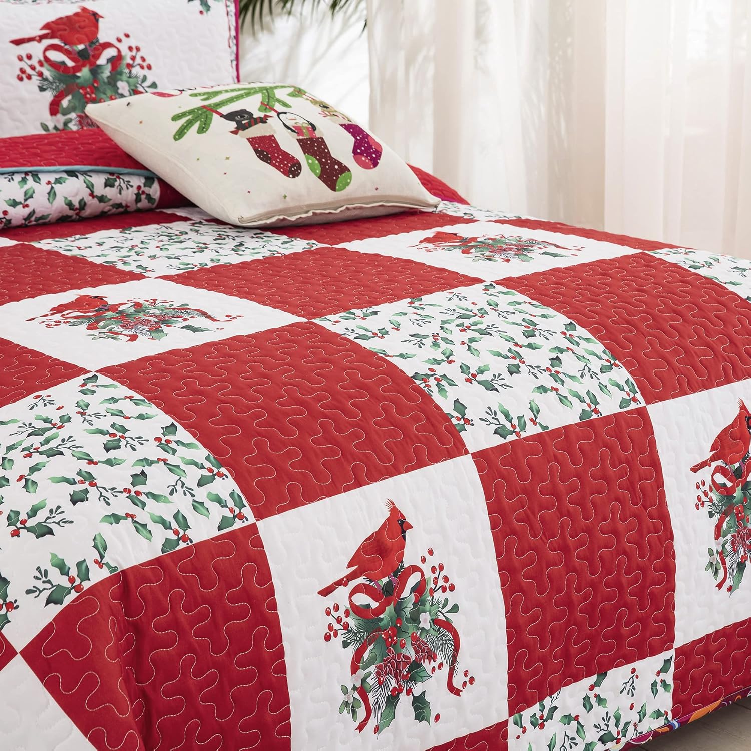 Elegant Red, greem & White Christmas Queen Bedspread Set 6