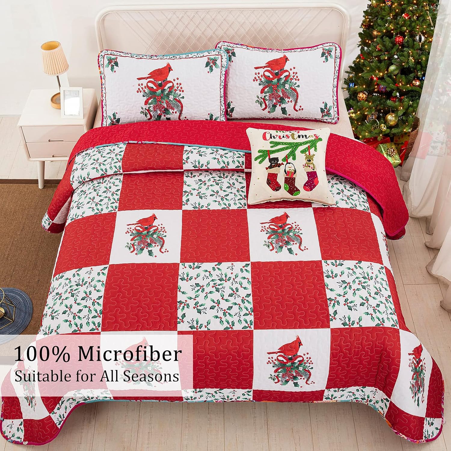 Elegant Red, greem & White Christmas Queen Bedspread Set 7