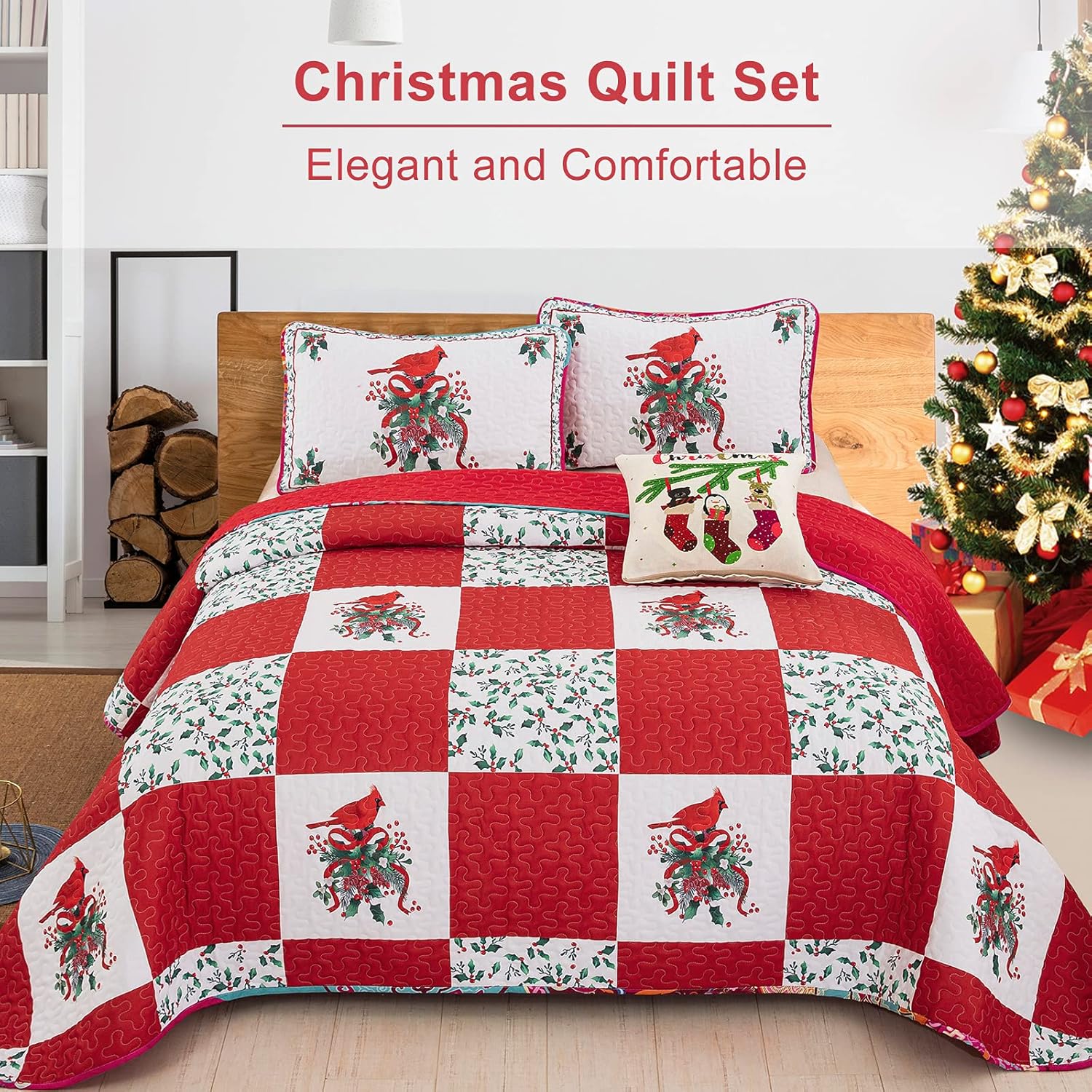 Elegant Red, greem & White Christmas Queen Bedspread Set 8