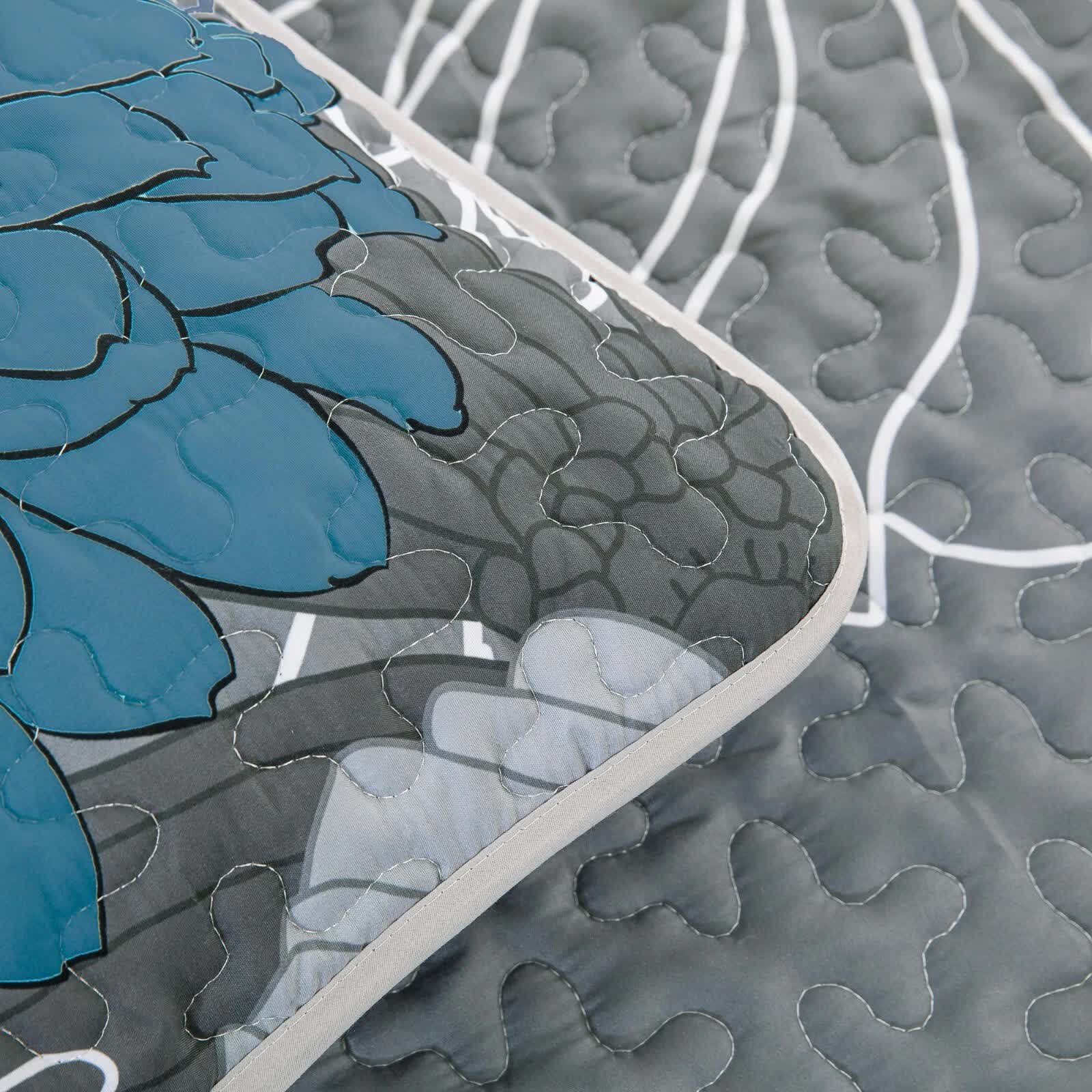 Grey Azure Bloom Quilted Coverlet Bedspread Set with Pillow Covers 5