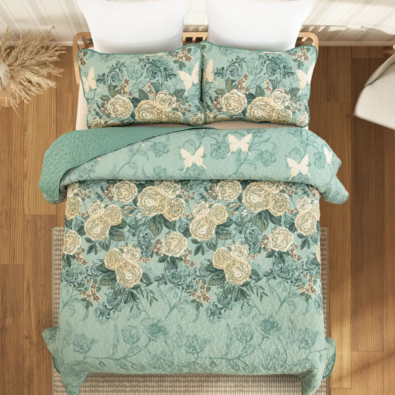 Meadow Butterfly Green Quilted Bedspread Set with Floral Details and Pillowcases 3