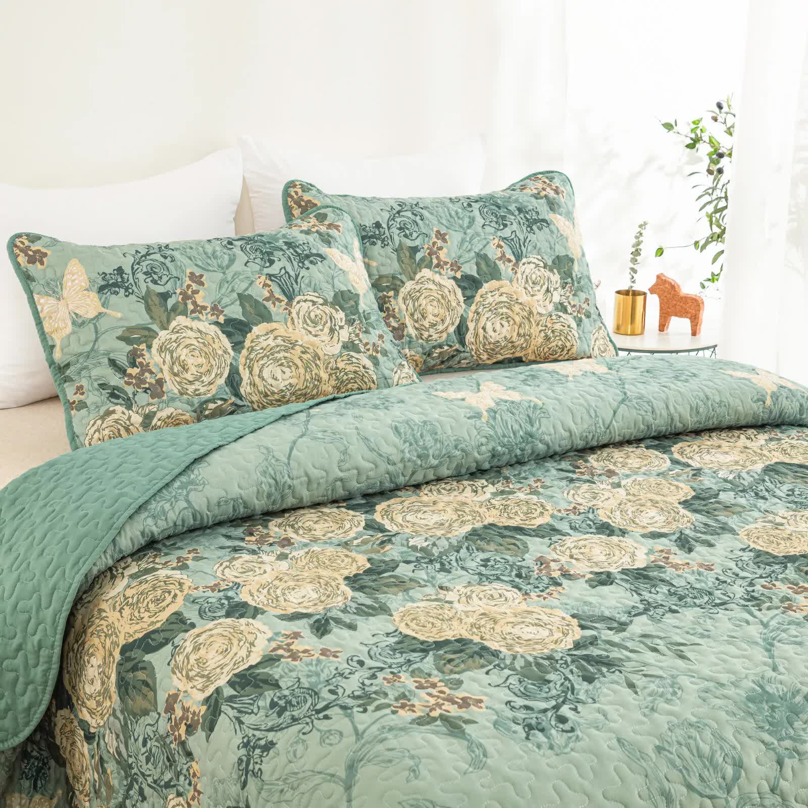 Meadow Butterfly Green Quilted Bedspread Set with Floral Details and Pillowcases 4