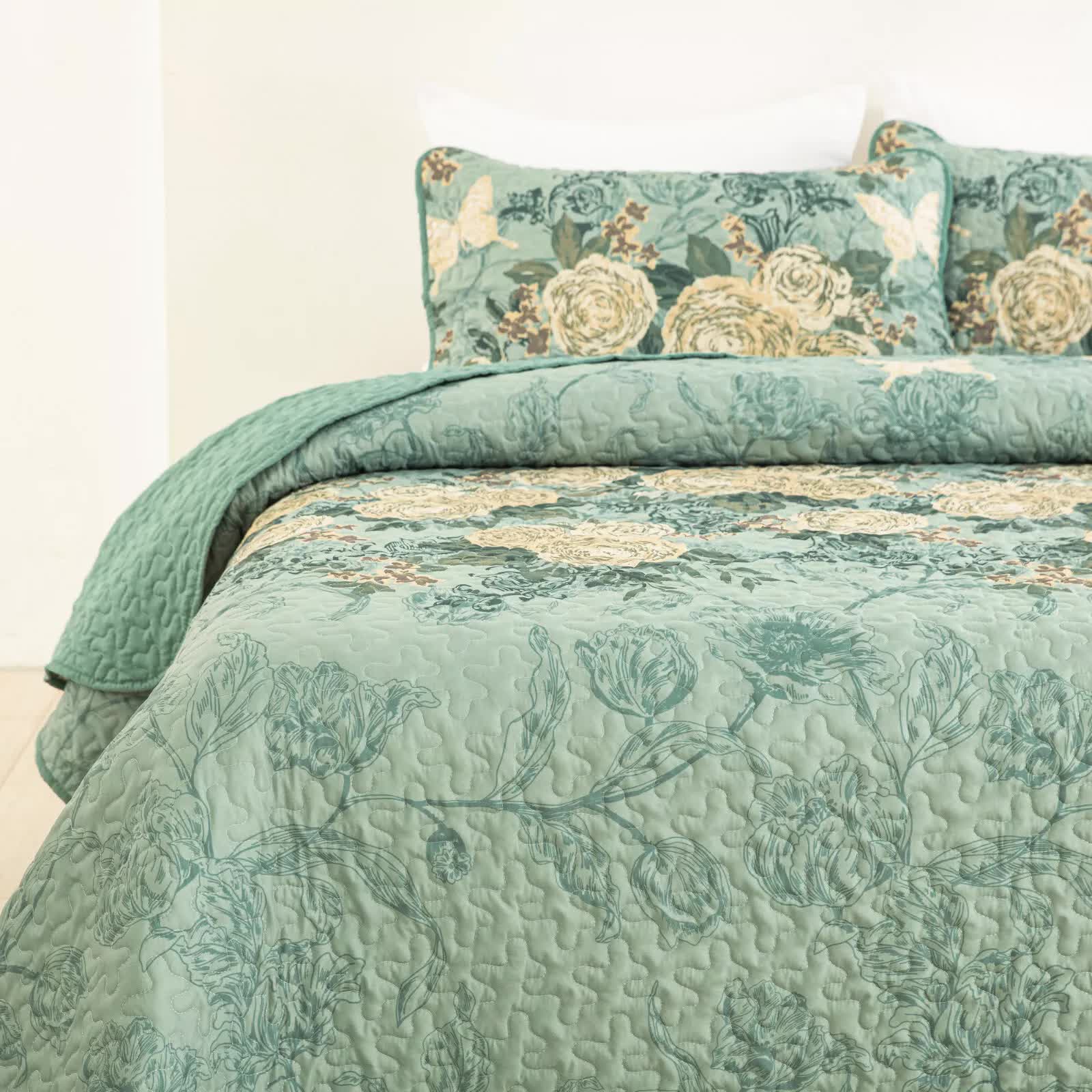 Meadow Butterfly Green Quilted Bedspread Set with Floral Details and Pillowcases 6