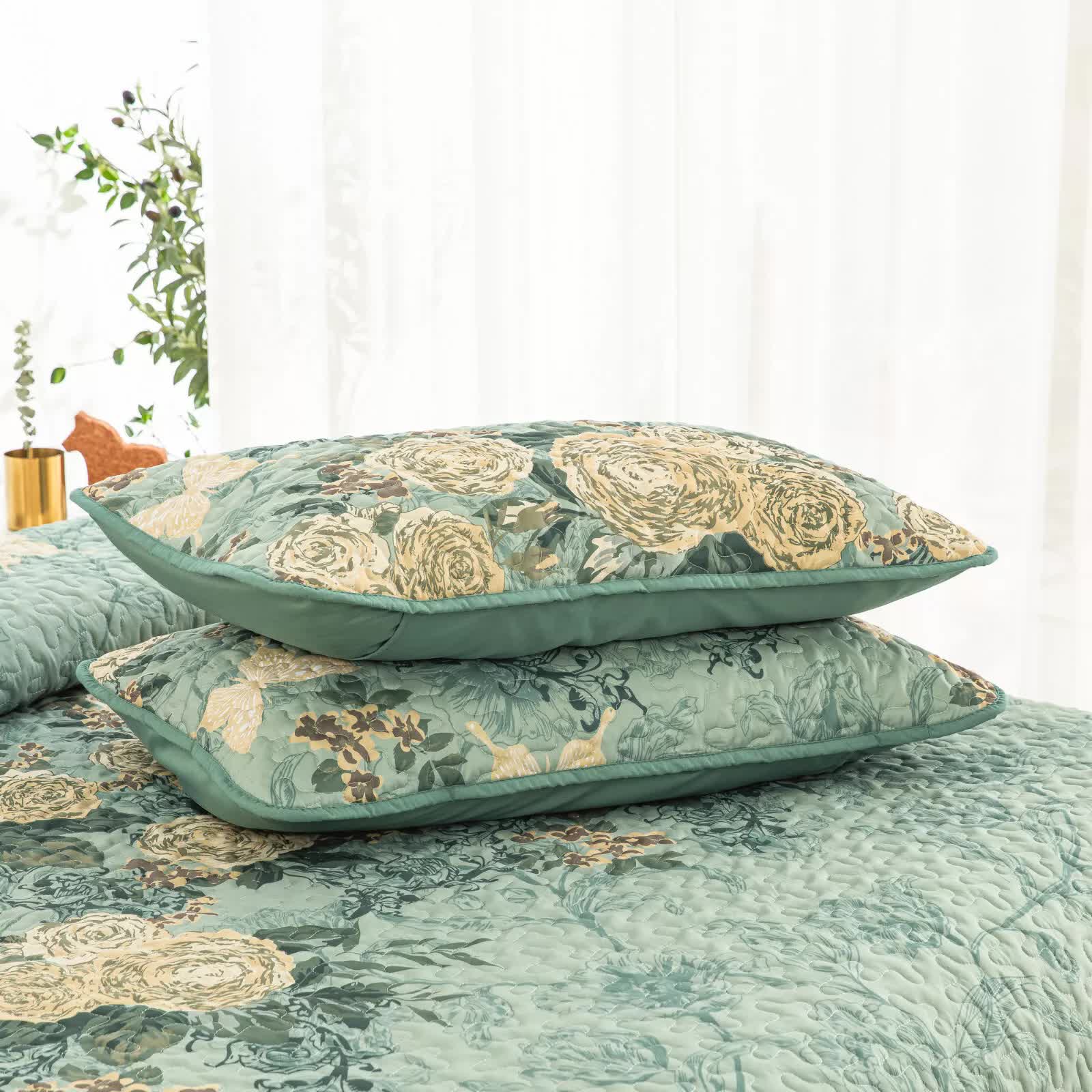 Meadow Butterfly Green Quilted Bedspread Set with Floral Details and Pillowcases 7
