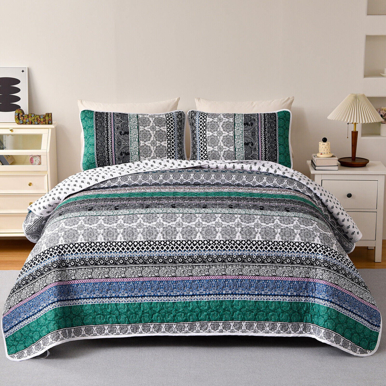 Romantic Blush green grey 3 Pc Bedspread & Pillow Cover Set