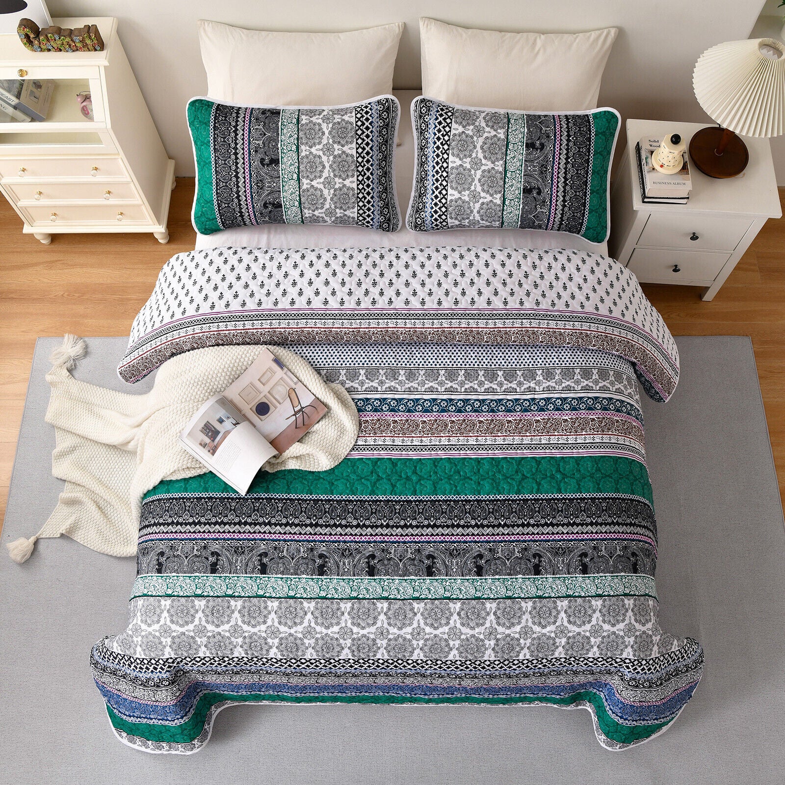 Romantic Blush green grey 3 Pc Bedspread & Pillow Cover Set 3