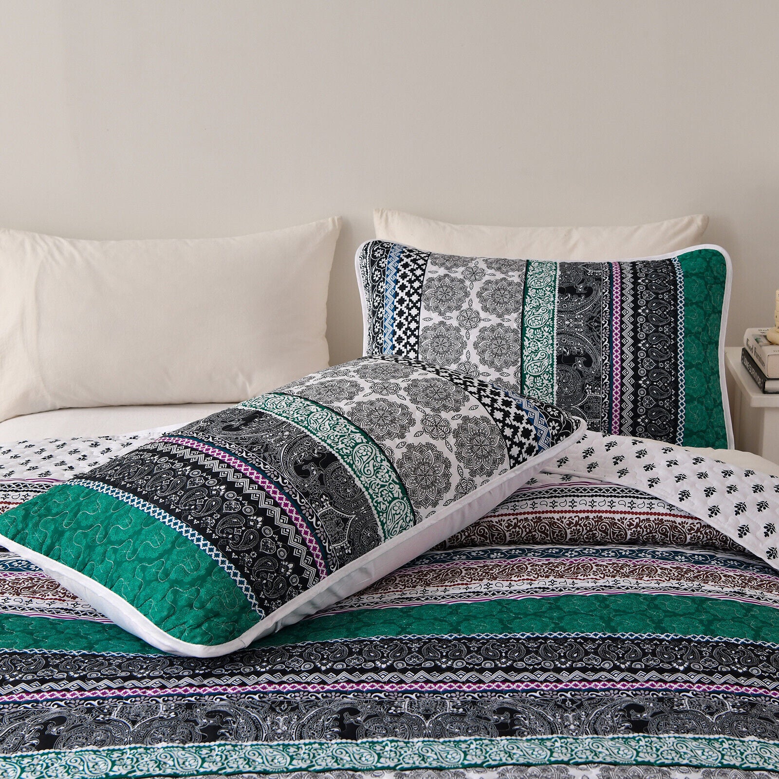 Romantic Blush green grey 3 Pc Bedspread & Pillow Cover Set 5