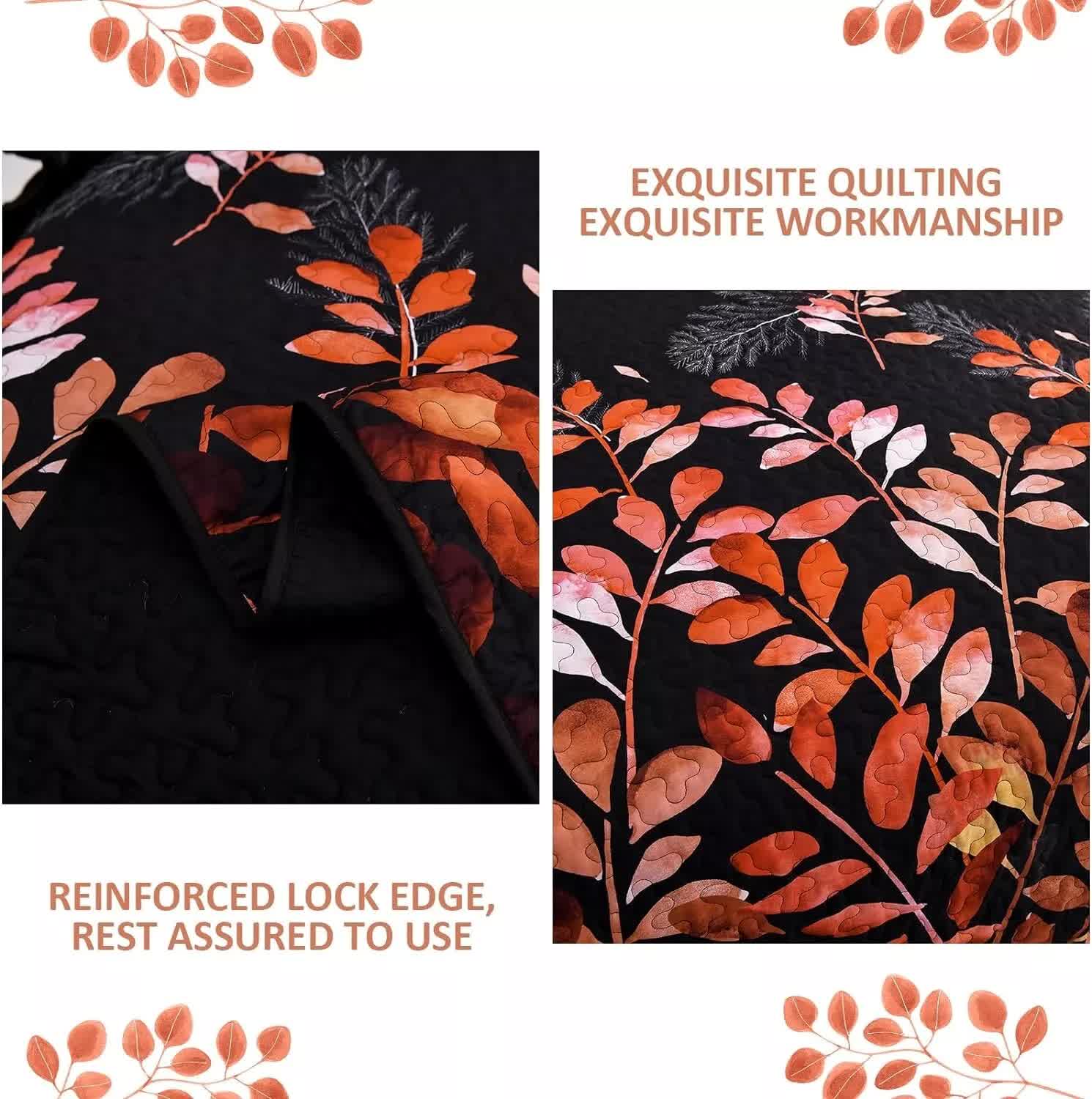 Black and Red  Leaves Quilted Bedspread & Pillowcase Set 3