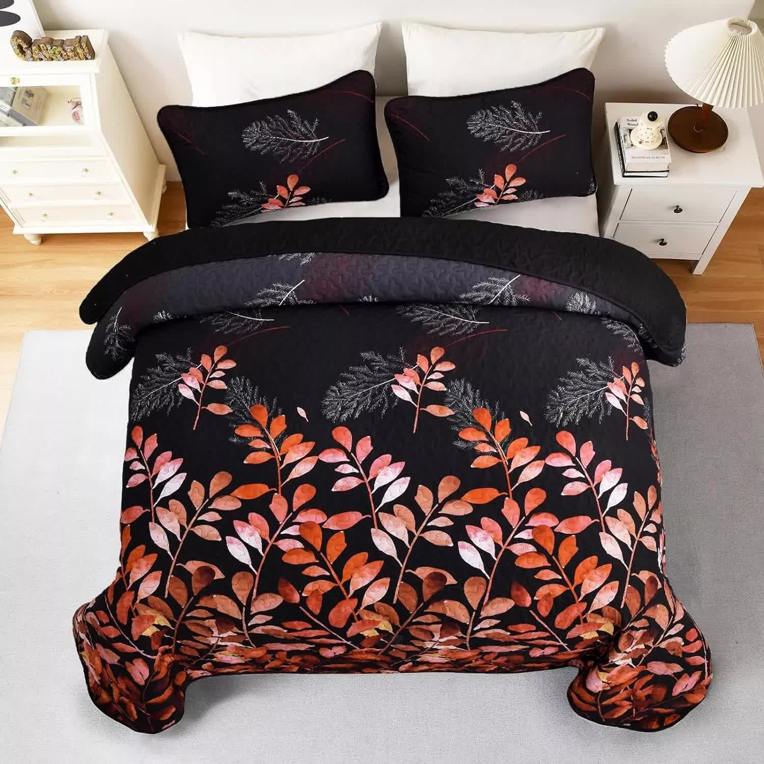 Black and Red  Leaves Quilted Bedspread & Pillowcase Set 4