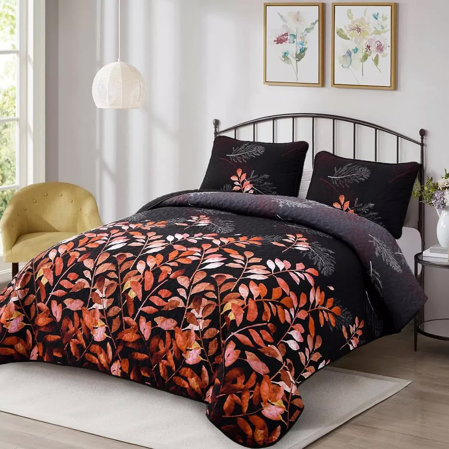 Black and Red  Leaves Quilted Bedspread & Pillowcase Set 5