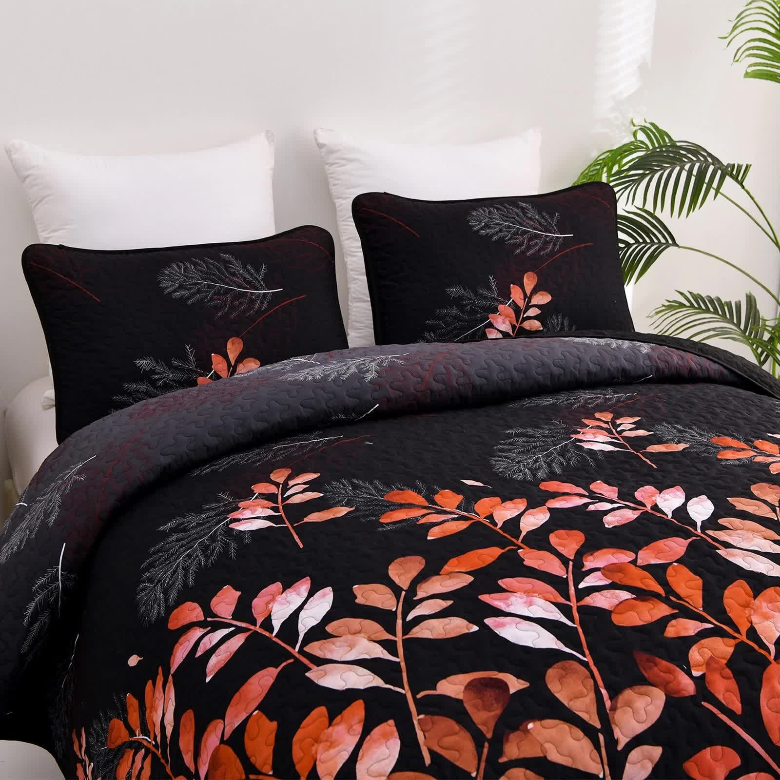 Black and Red  Leaves Quilted Bedspread & Pillowcase Set 6