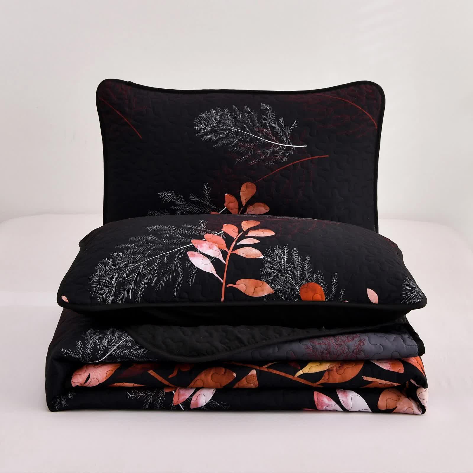 Black and Red  Leaves Quilted Bedspread & Pillowcase Set 9
