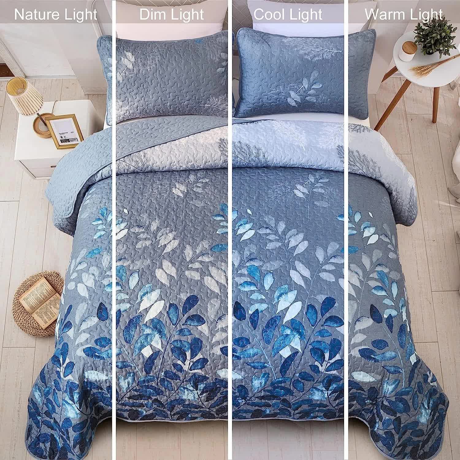 Blue Garden Coverlet Set with Quilted Floral Pattern and Pillowcases 3