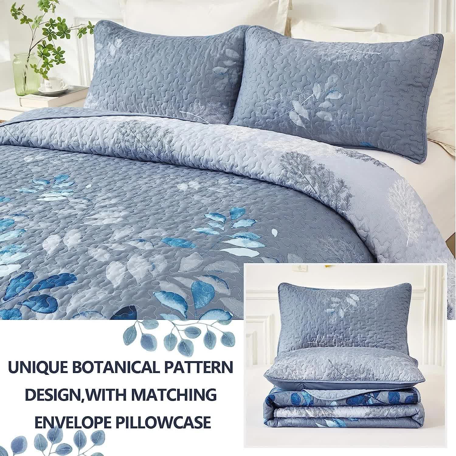 Blue Garden Coverlet Set with Quilted Floral Pattern and Pillowcases 4