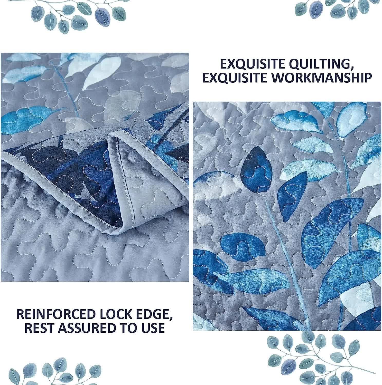 Blue Garden Coverlet Set with Quilted Floral Pattern and Pillowcases 5