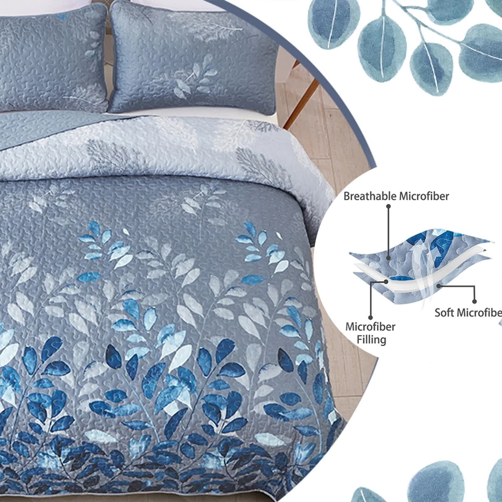 Blue Garden Coverlet Set with Quilted Floral Pattern and Pillowcases 6