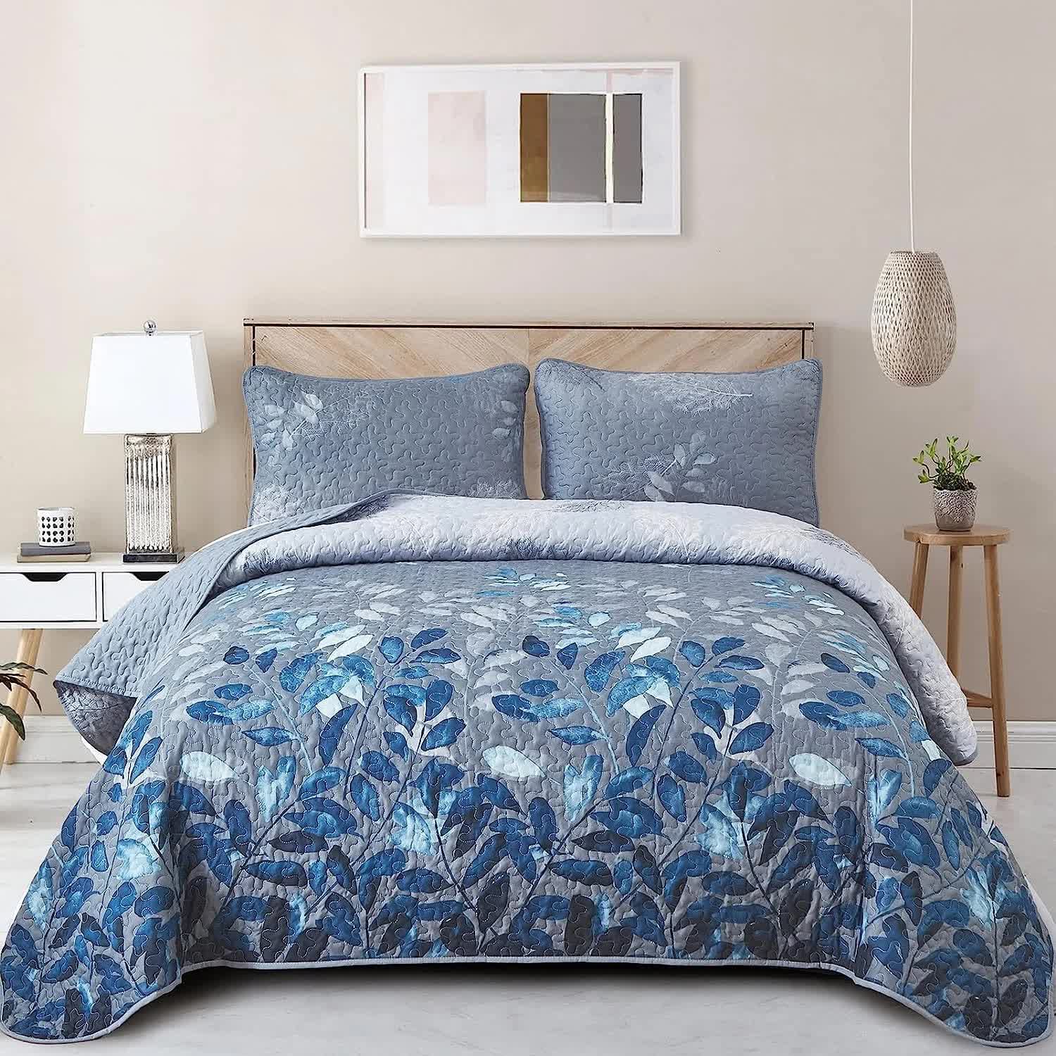 Blue Garden Coverlet Set with Quilted Floral Pattern and Pillowcases 7