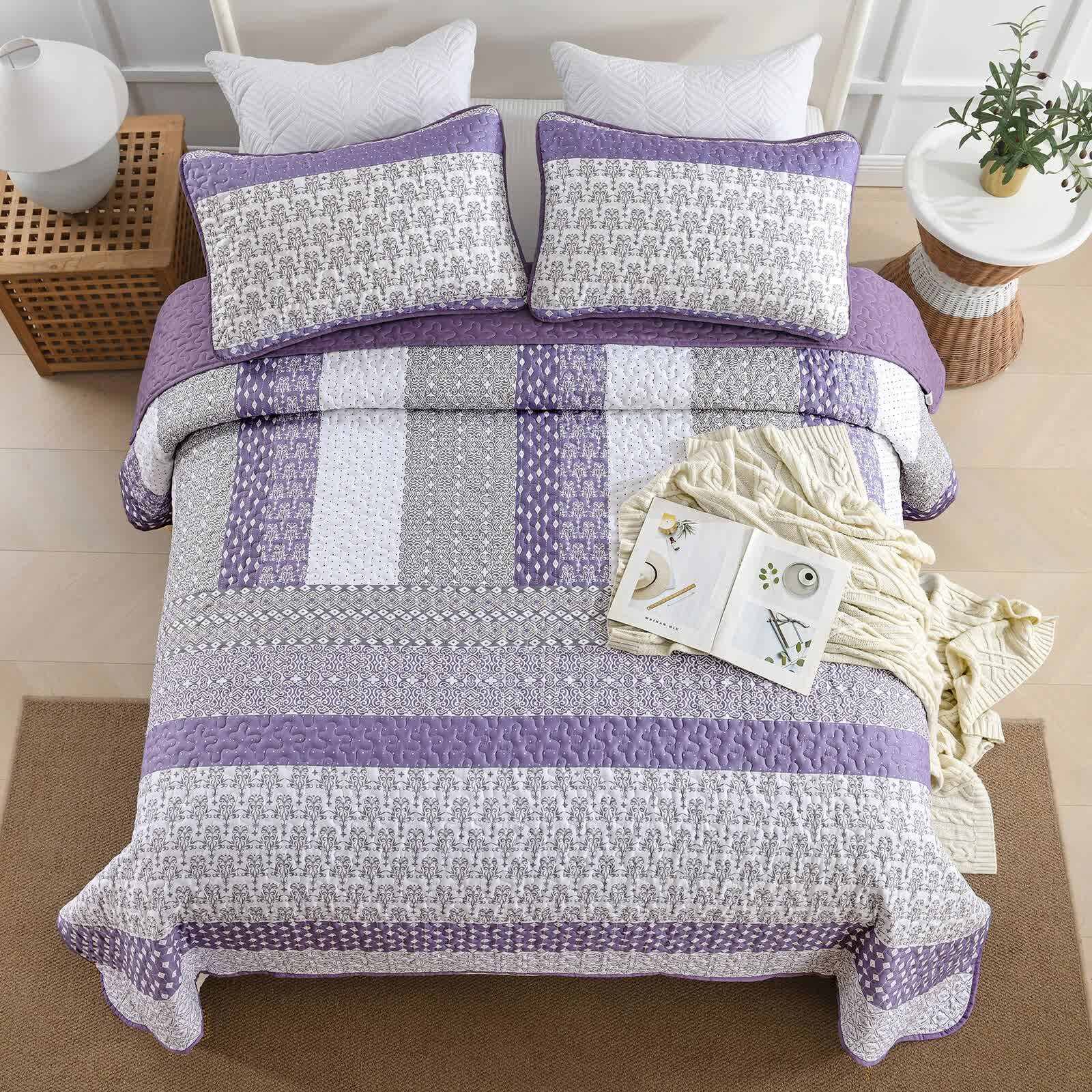 Bohemian Purple and White Quilted Bedspread or Coverlet Set and matching pillowcases 5