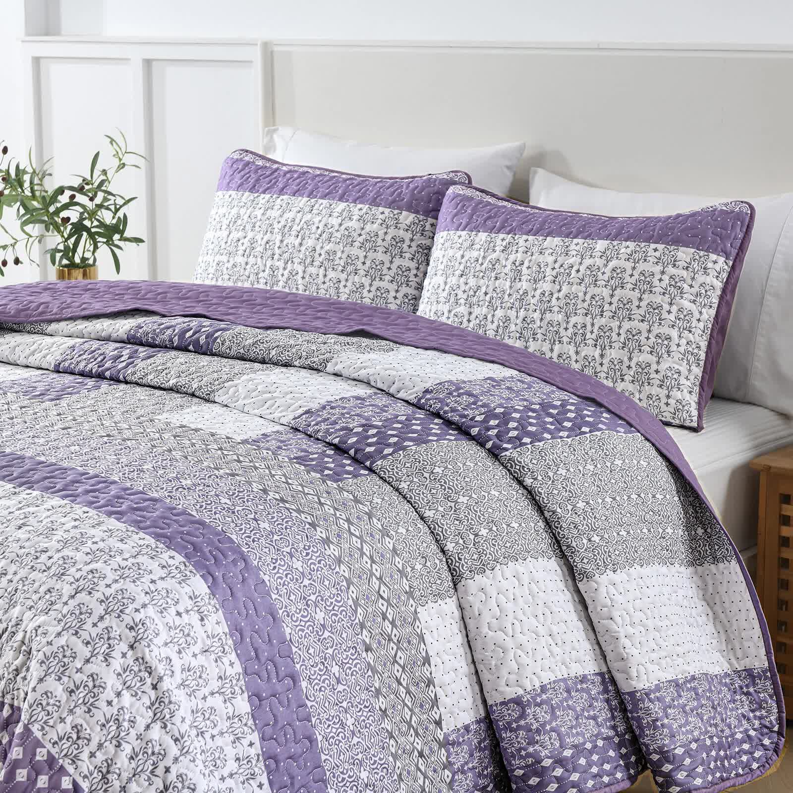 Bohemian Purple and White Quilted Bedspread or Coverlet Set and matching pillowcases 6