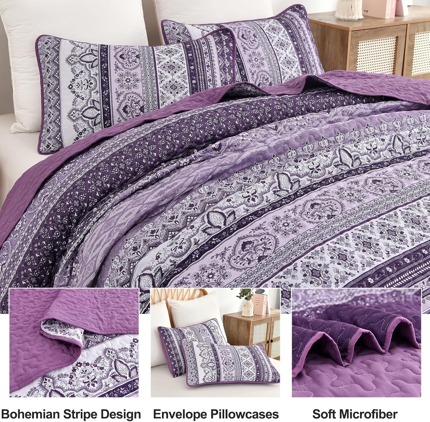 Elegant Peony purple Soft 3 Pc Bedspread & Pillow Cover Set 5