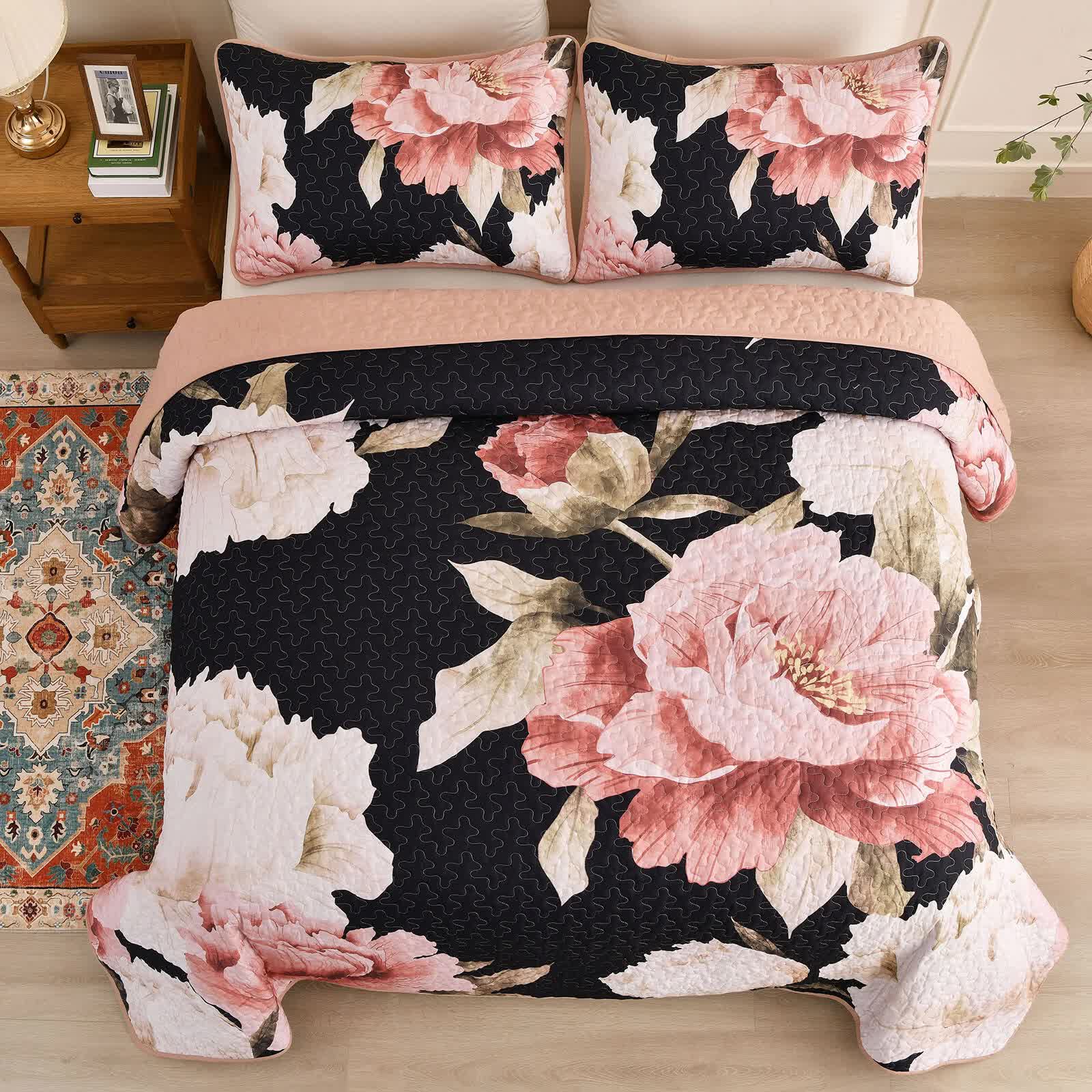 Blossom Trio Quilted Coverlet Set with Pillowcases (Black, Red & Pink 5