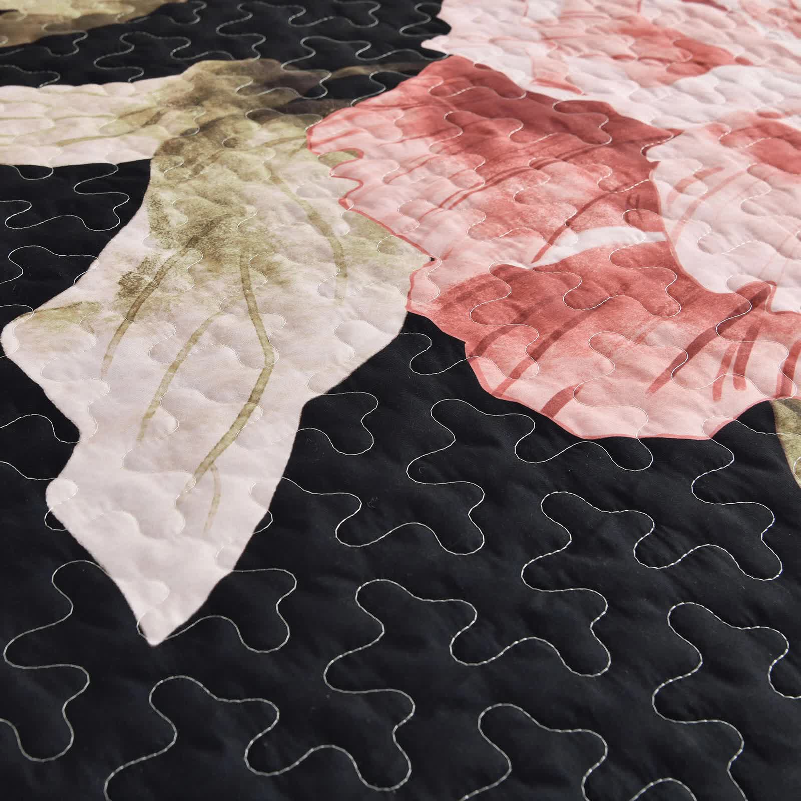 Blossom Trio Quilted Coverlet Set with Pillowcases (Black, Red & Pink 6