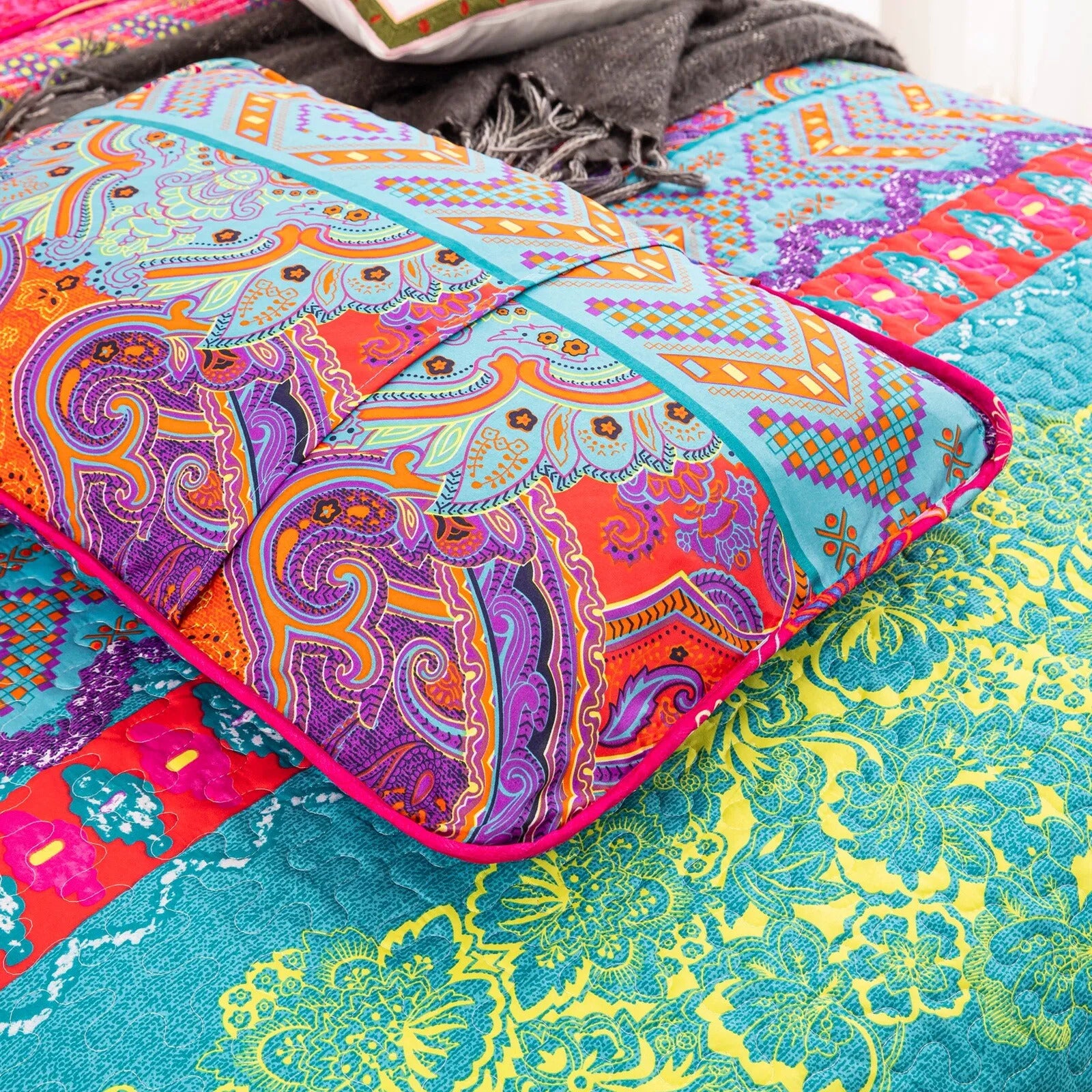 Colorful Quilted bedspread and pillowcovers set: Add a Splash of Color - Queen size 11