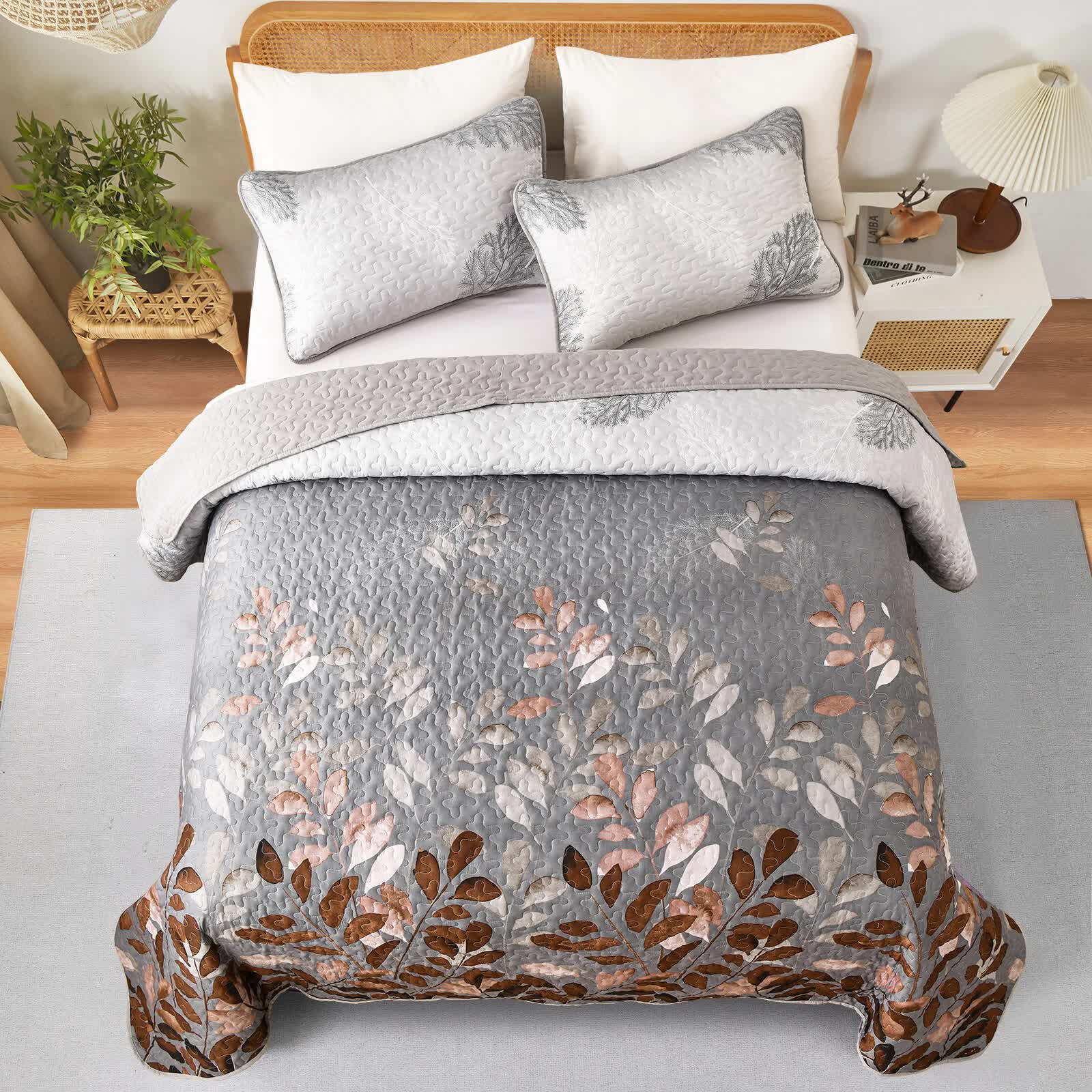Brown Verdant Quilted Ensemble with Flower Motifs bedspread  and Pillowcases 3