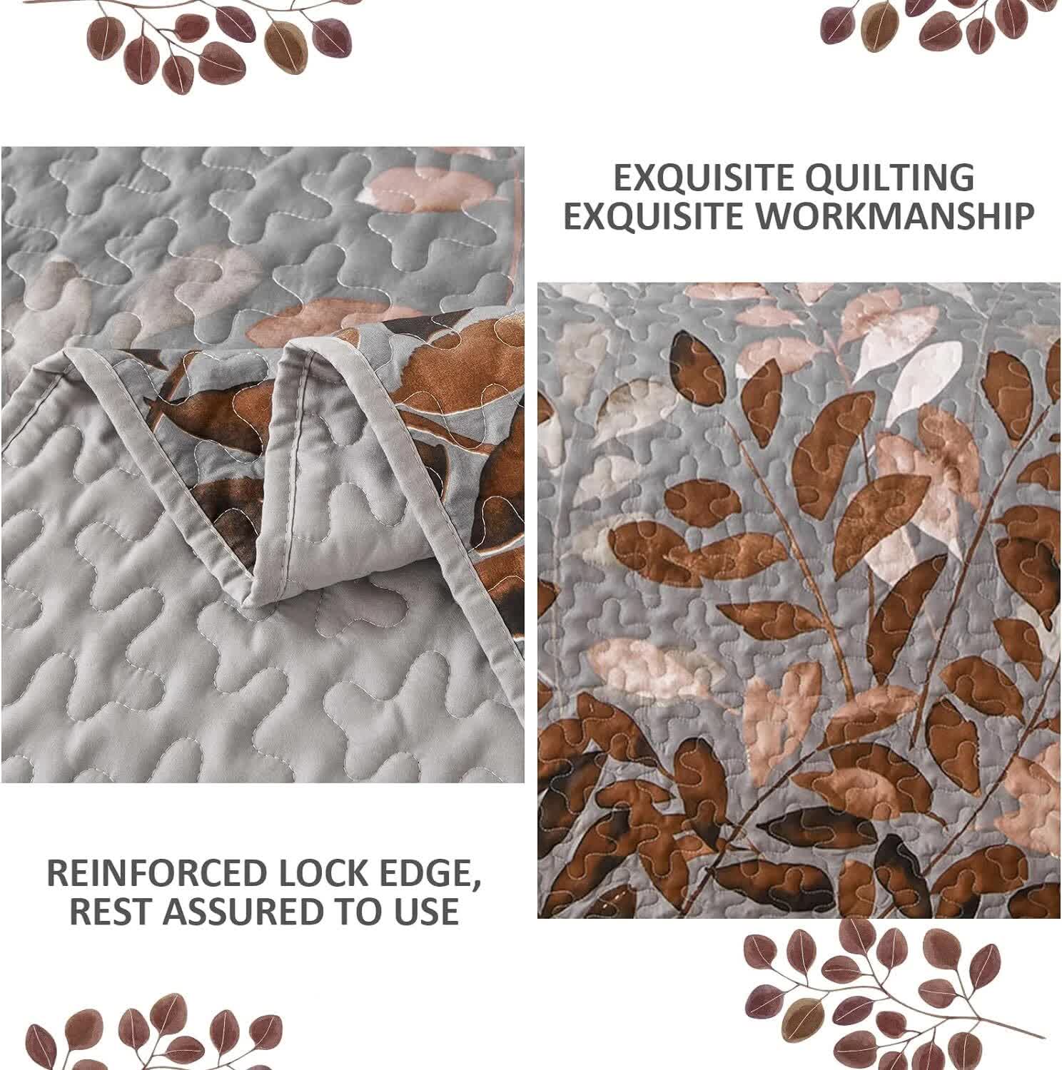 Brown Verdant Quilted Ensemble with Flower Motifs bedspread  and Pillowcases 4
