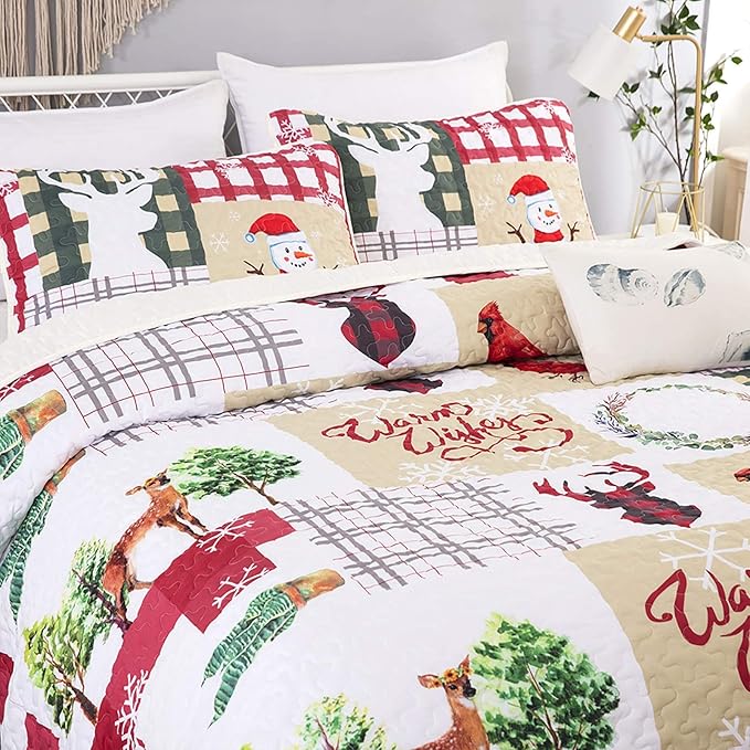 Festive Christmas Red & Green Queen Bedspread Set 3