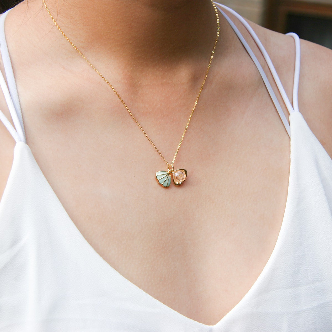 Gift Box - Aroma Necklace 925 Silver, Gold coated - Green Shell Paradise Peach (Pink) + Purify Oil Blend 3