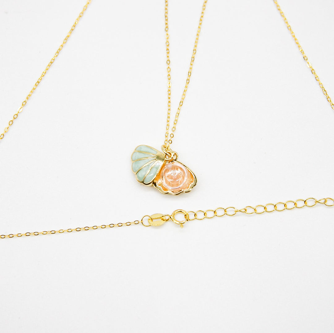 Gift Box - Aroma Necklace 925 Silver, Gold coated - Green Shell Paradise Peach (Pink) + Purify Oil Blend 6