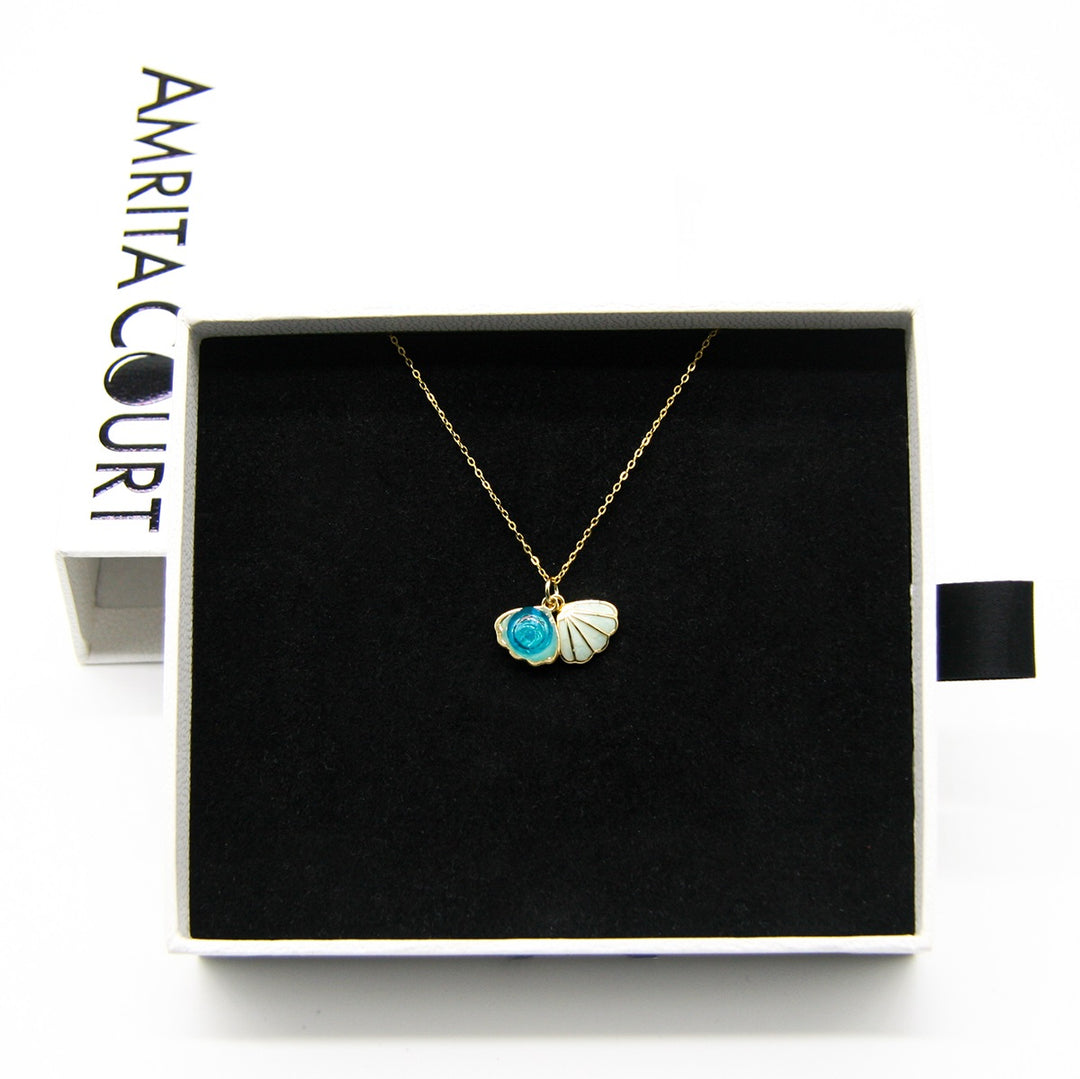 Gift Box - Aroma Necklace 925 Silver, Gold coated - Green Shell Ocean Breeze (Light blue) + Purify Oil Blend 4