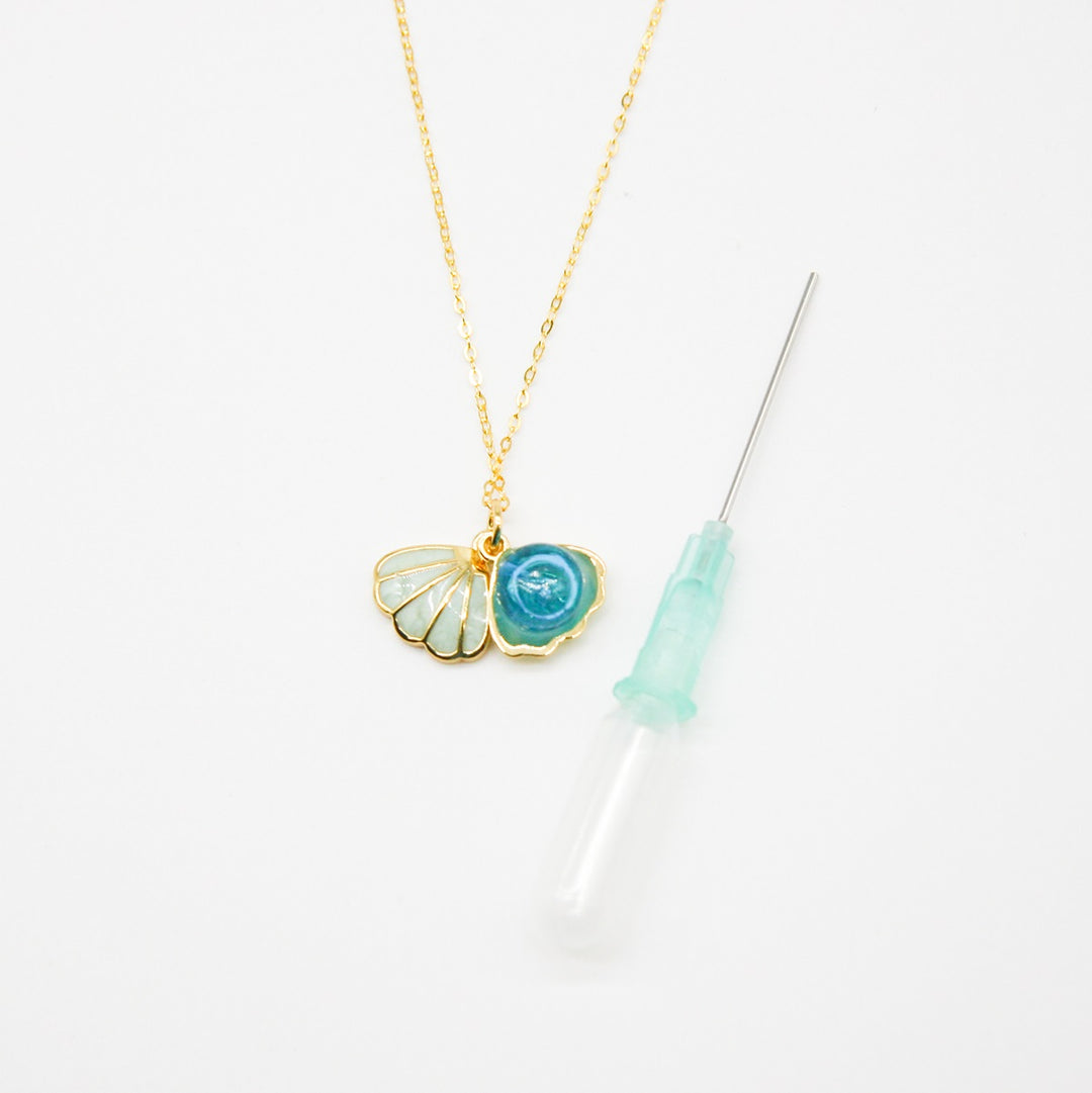 Gift Box - Aroma Necklace 925 Silver, Gold coated - Green Shell Ocean Breeze (Light blue) + Purify Oil Blend 5