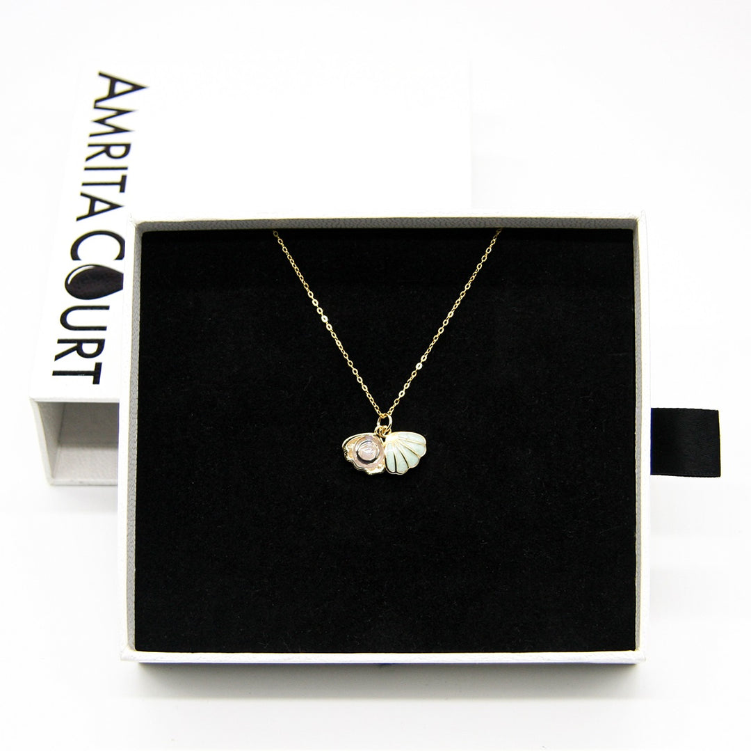 Gift Box - Aroma Necklace 925 Silver, Gold coated - Green Shell Dreamy Lavender (Light Purple) + Purify Oil Blend 3