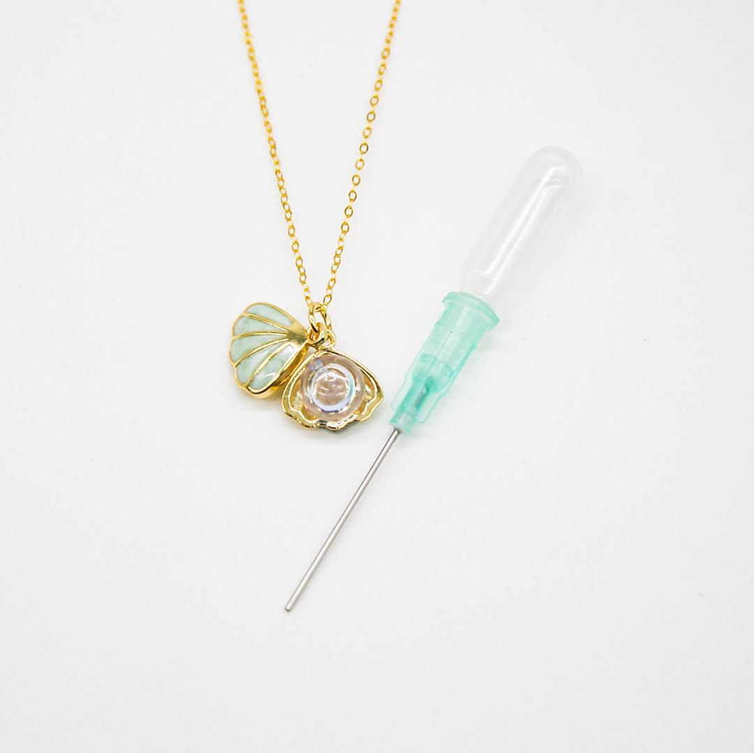 Gift Box - Aroma Necklace 925 Silver, Gold coated - Green Shell Dreamy Lavender (Light Purple) + Purify Oil Blend 4