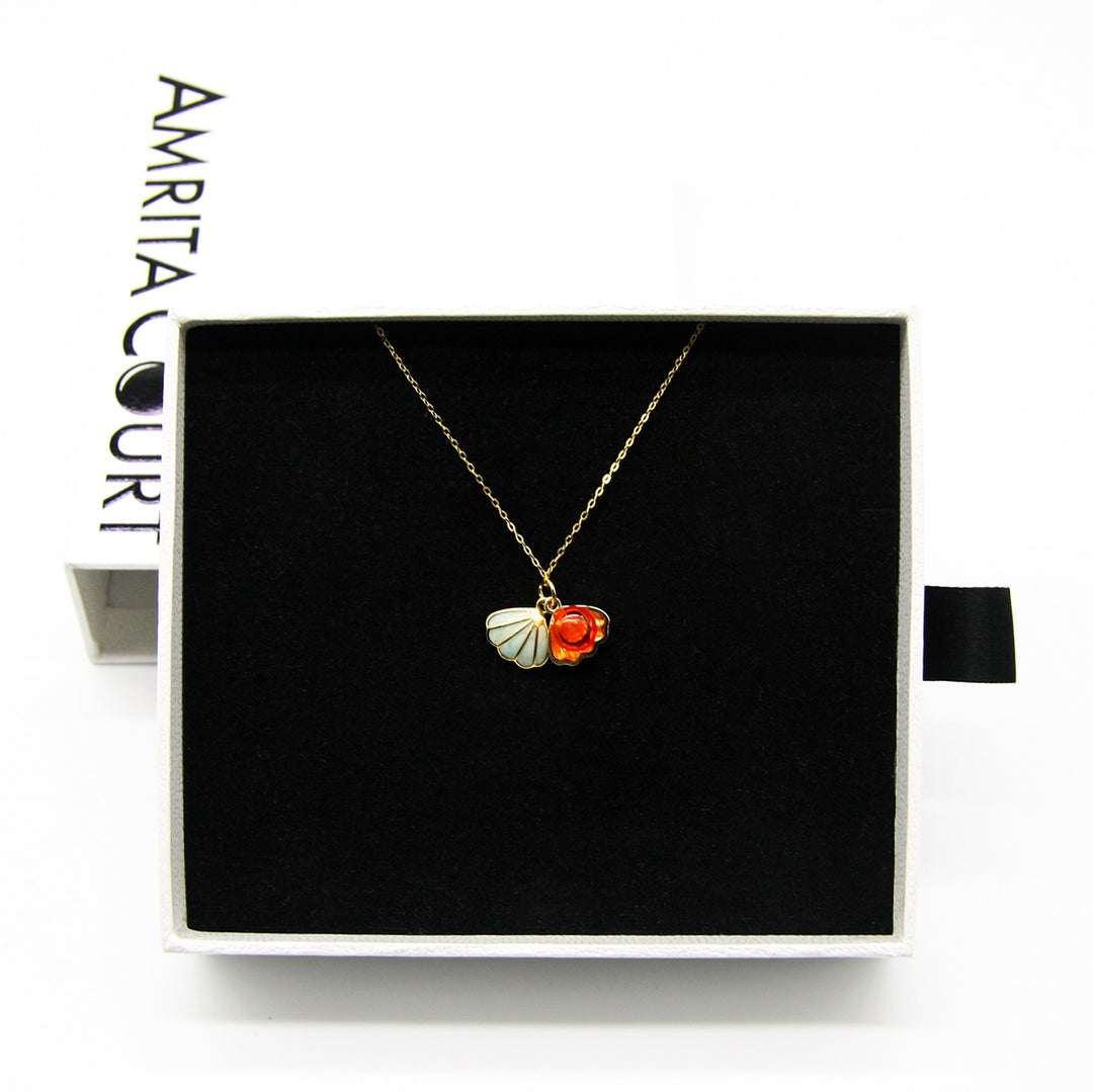Gift Box - Aroma Necklace 925 Silver, Gold coated - Green Shell Sunset Coral (Bright Red Orange) + Purify Oil Blend 4
