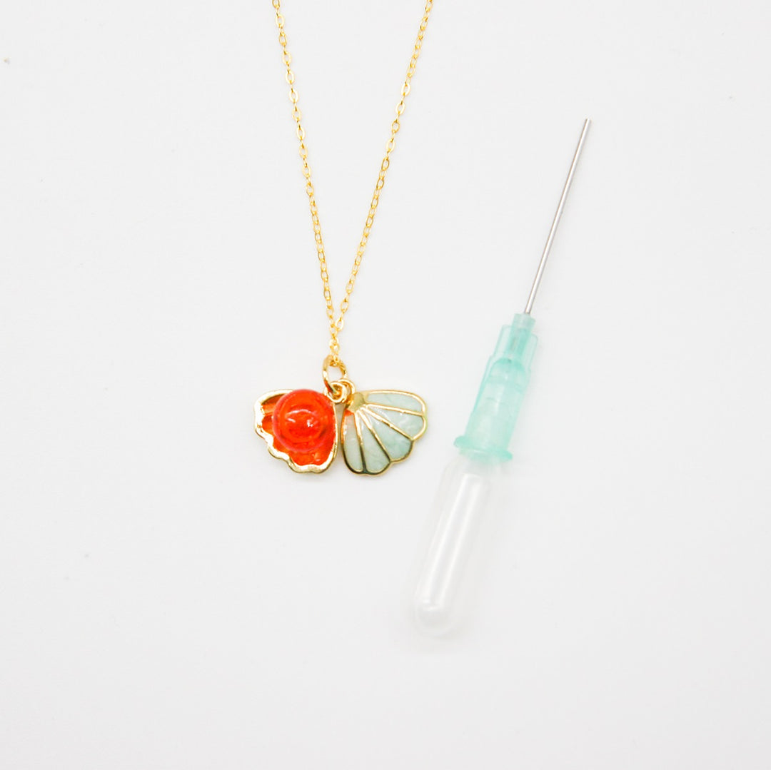 Gift Box - Aroma Necklace 925 Silver, Gold coated - Green Shell Sunset Coral (Bright Red Orange) + Purify Oil Blend 5