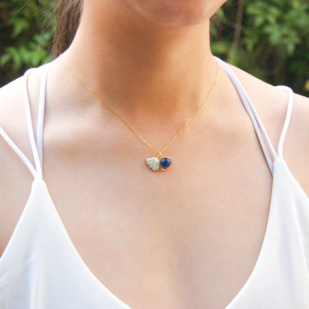 Gift Box - Aroma Necklace 925 Silver, Gold coated - Green Shell Ocean Depth (Dark Blue) + Purify Oil Blend 3