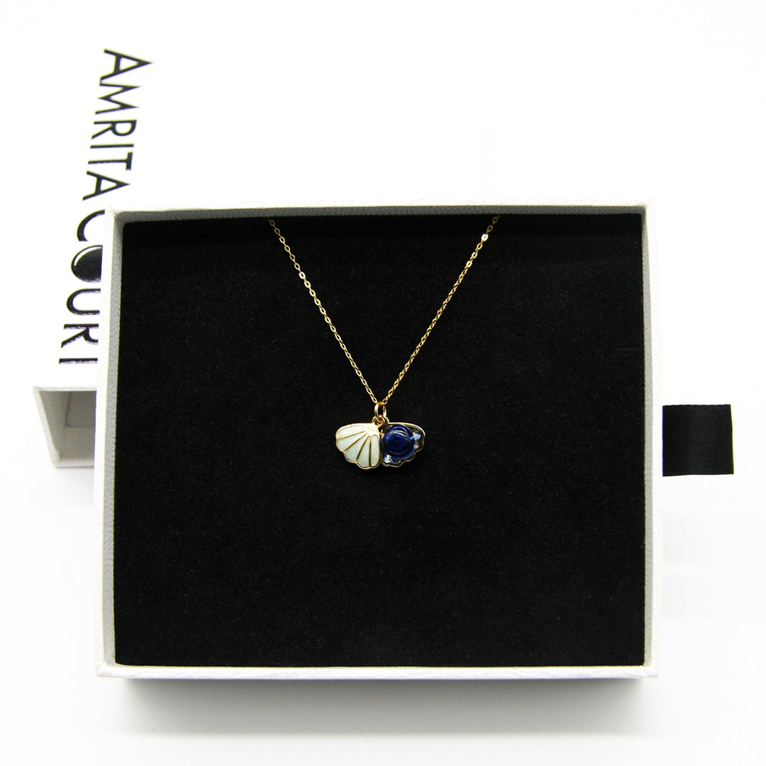 Gift Box - Aroma Necklace 925 Silver, Gold coated - Green Shell Ocean Depth (Dark Blue) + Purify Oil Blend 4