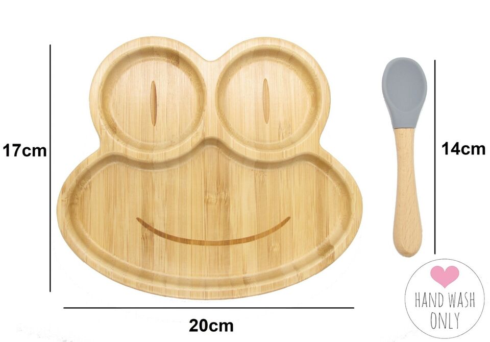 Bamboo Kids Children Baby Plate Bowl & Silicon Suction Cap Base & Spoon - Frog 3