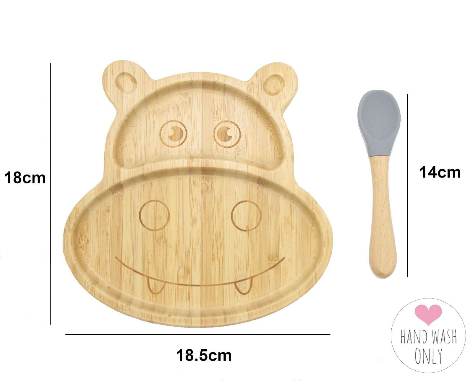 Bamboo Kids Children Baby Plate Bowl & Silicon Suction Cap Base & Spoon - Hippo 3